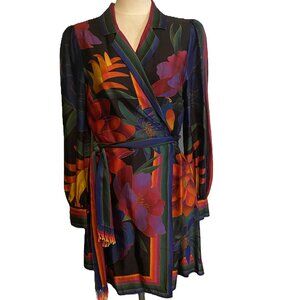 NWT FARM RIO Beautiful Black/Multicolored Flower Season Wrap Mini Dress sz S